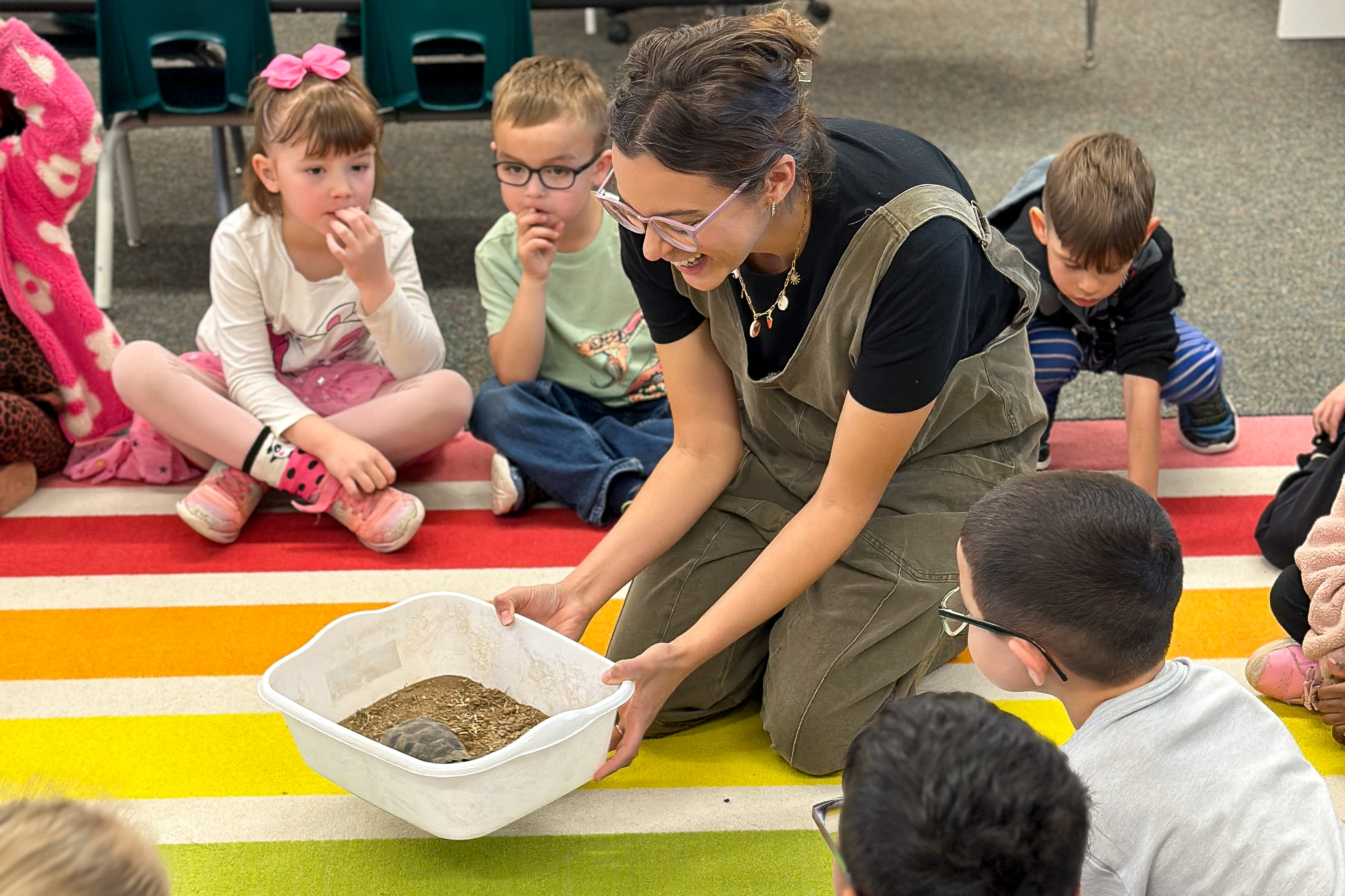 A teacher holds up a white tub with Tommy the desert tortoise inside to show her students