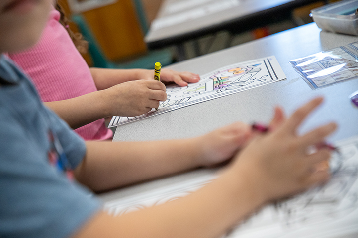 A closeup of two students coloring